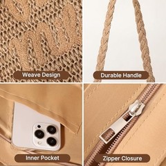 Beach Bags for Women – Straw Bag Woven Beach Tote, Summer Handmade Large Khaki