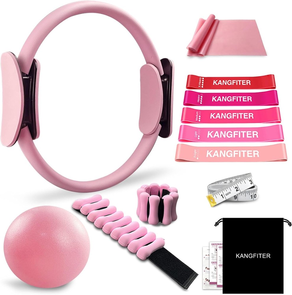 Home Pilates fitness equipment set, including Pilates ring and Pilates ball.