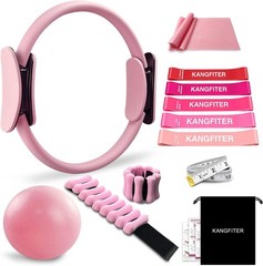 Home Pilates fitness equipment set, including Pilates ring and Pilates ball.