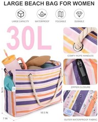 Beach Bag for Women, Large Waterproof Sandproof Beach Tote with Zipper Pink2