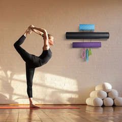 Guru Yoga Mat Holder Wall Mount with 3 Hooks for Hanging Yoga Strap, Resistance