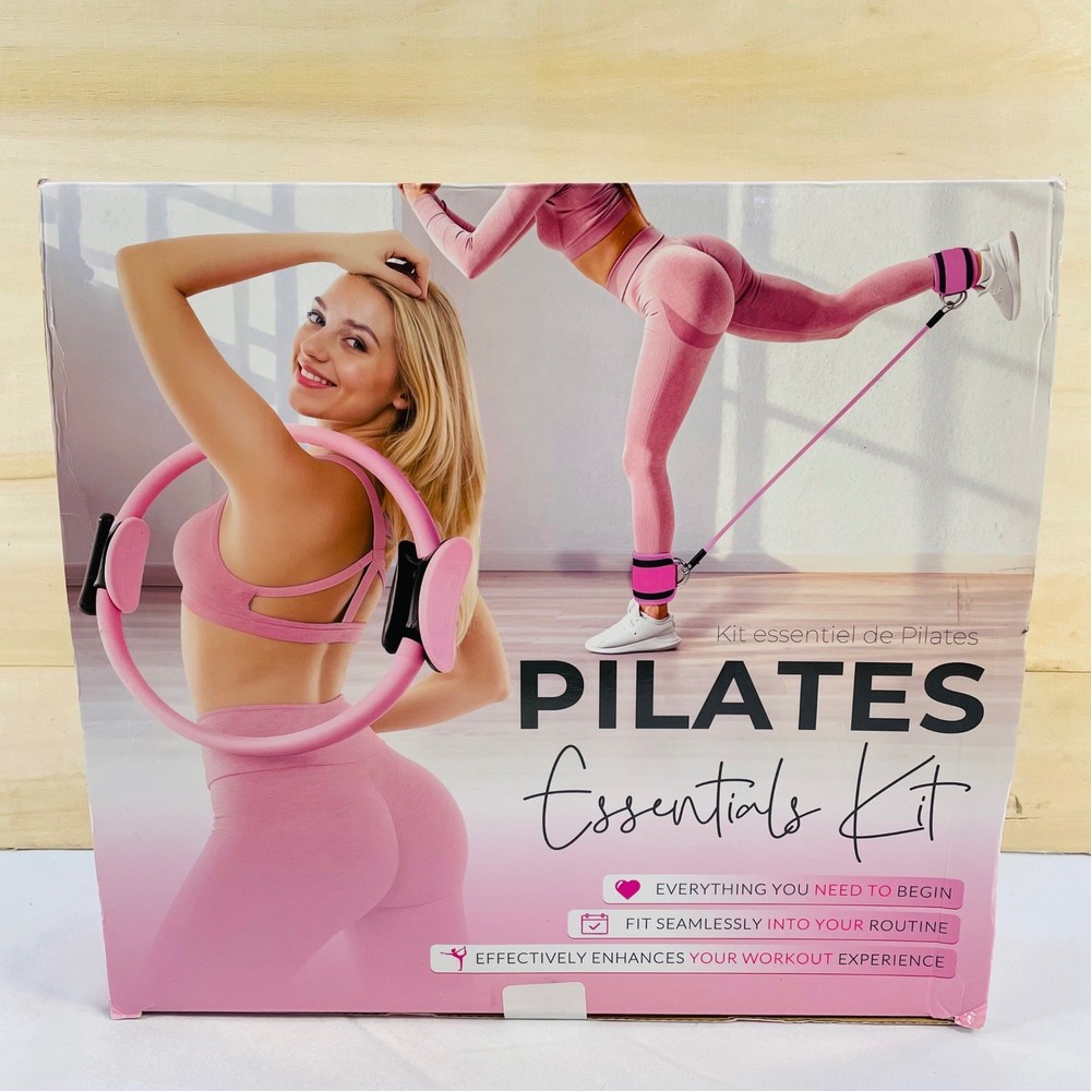 GiftinBox Pilates Essentials Kit Home Workout Set Pink Resistance Band Ring Ball