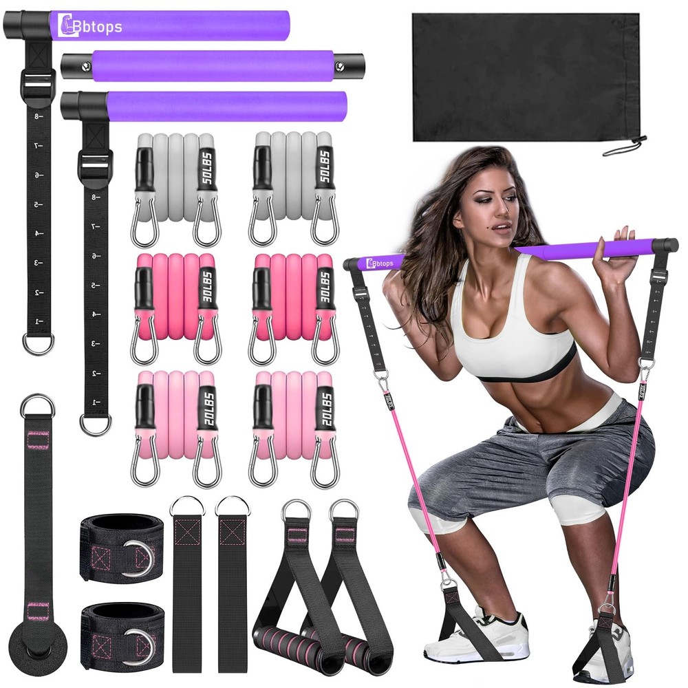 Pilates Bar Kit w/ 3-Section Pole, Stackable Resistance Bands – Full Body Workou