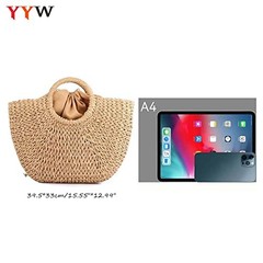 Straw Bags for Women,Hand-woven Straw Large Bag Round Handle Ring Khaki Brown