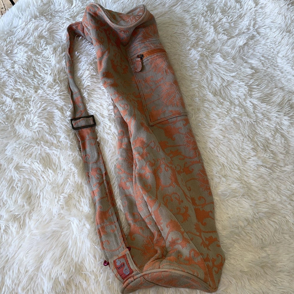 Barefoot Damask Floral Cotton Yoga Mat Bag Adjustable Strap Orange & Gray