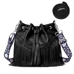 Women Bucket Fringe Hobo Bag Western Purse Vegan Leather Blk Double Straps