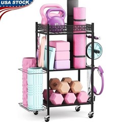 3 Tier Yoga Mat Storage Rack W/ Wheels Hooks Fitness Organizer Home Gym New