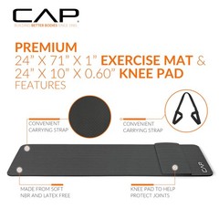 CAP Barbell Yoga Mat 1/2″ Thick with Carrying Strap & Knee Pad 71″x24″, Black