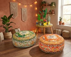 Indian Yoga Décor Pouf Cover Green Round Green Floor Pillow Case Room D