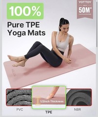 YOTTOY TPE Yoga Mat Pink 1/2 in Extra Thick Non-Slip 72×24 in