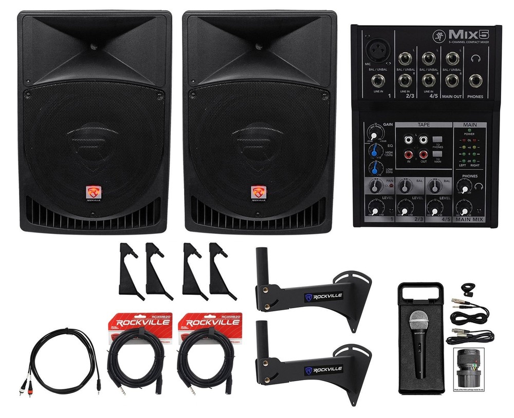 2 Rockville 15″ Powered 1000w Crossfit Gym Workout Speaker System+Mixer+Bracket