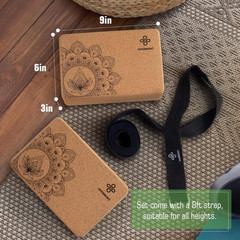Overmont Cork Yoga Blocks 2 Pack with 8Ft Strap Natural Cork Bricks | High Densi