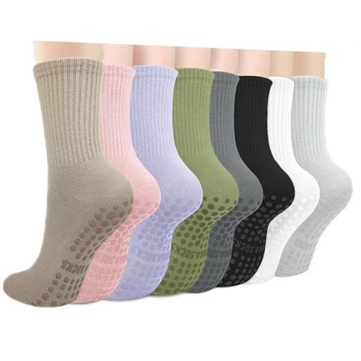 Pilates Socks with Grips for Women, 8 Pairs in 8 Colors, Anti-Slip Grippy Yoga