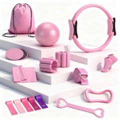 Pilates Equipment Kit for Home Workouts – 18pcs Set- 14” Ring pink