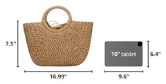 Straw Bags for Women,Hand-woven Straw Large Bag Round Handle Ring Khaki Brown