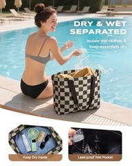 35L Large Beach Bags for Women, Waterproof Sandproof Beach Tote Pool Checkered