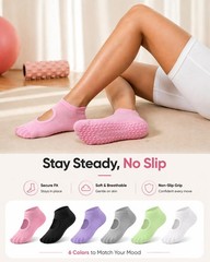 ALLIVE Pilates Socks with Grips for 5-9, 6pairs Blackwhitegreypinkpurplegreen