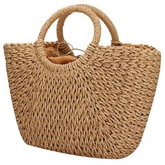 Straw Bags for Women,Hand-woven Straw Large Bag Round Handle Ring Khaki Brown
