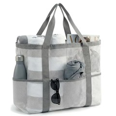 Mesh Beach Bag-Large Beach Tote for Women with Zipper Pocket, pool cruise White