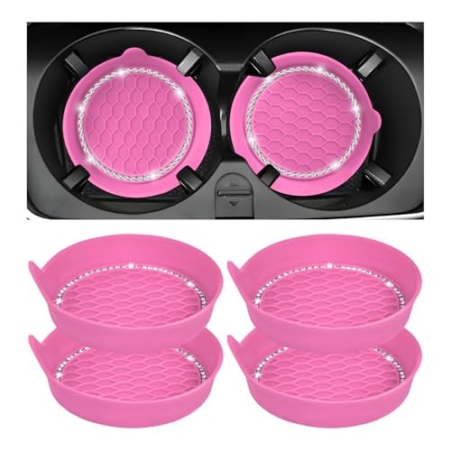 Sun Walker 4 PCS Bling Car Cup Holder Coaster, Non Slip Sparkly Rhinestone Pink