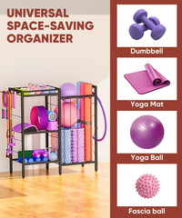 3-Tier Dumbbell & Yoga Mat Storage Rack with Hooks for Home Gym Organization