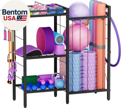 3 Tiers Dumbbells Yoga Mat Storage Rack with Elastic Straps for Kettlebells Foam