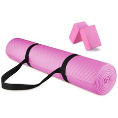 1/4 Inch Exercise Yoga Mat Yoga Pilates Mat w/ Yoga Blocks & Carrier Strap. Pink