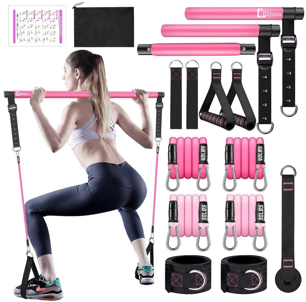 Bbtops Pilates Bar Kit with Resistance Bands(4 x Bands),3-Section Pink