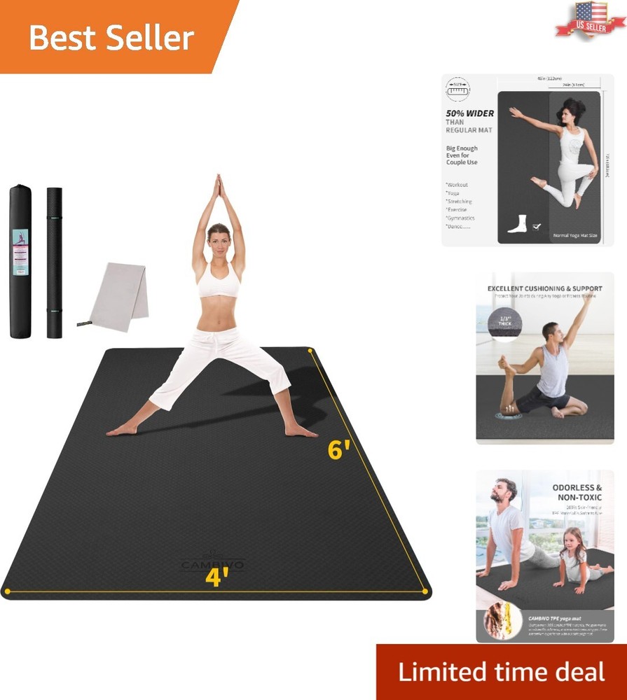 Large Yoga Mat – Extra Wide Workout Mat for Men and Women – 6’x 4′ – Black