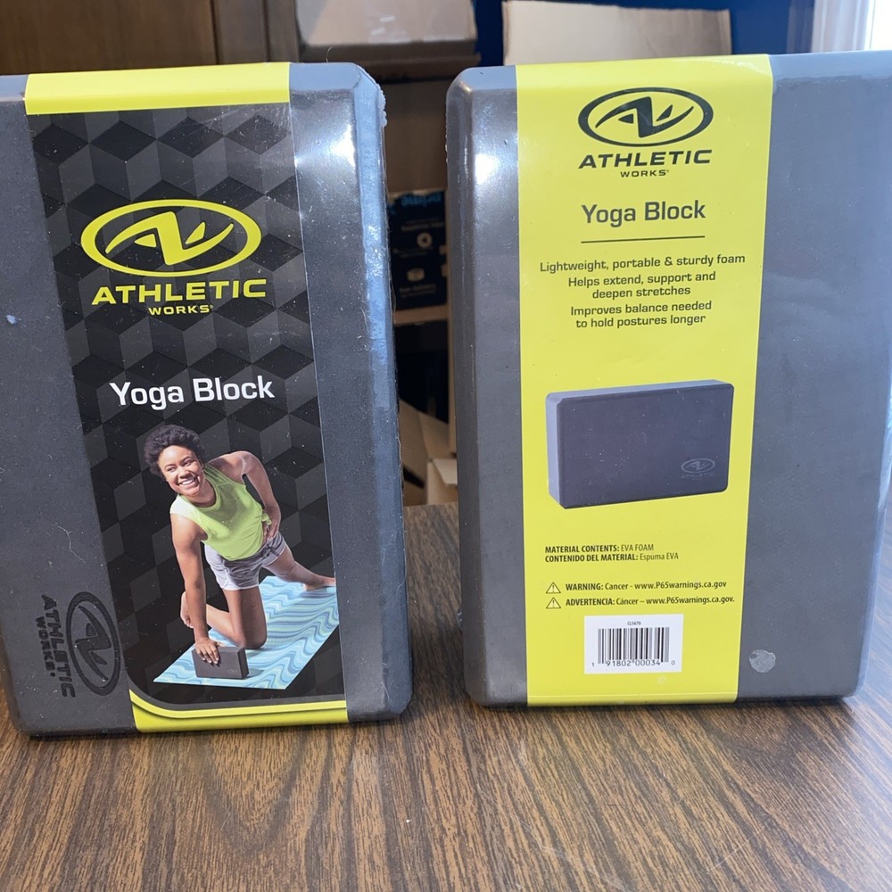 2 Athletic Works Yoga Blocks 9”x 6”x 3” Grey -both NEW SEALED Lightweight Foam