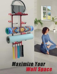 Yoga Mat Holder Wall Mount, Home Gym Storage Rack with Top Floating Shelf, 4-…