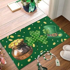 St. Patrick’s Day Door Mat – Watercolor Pot of Gold, Polka Dot Green Shamrock