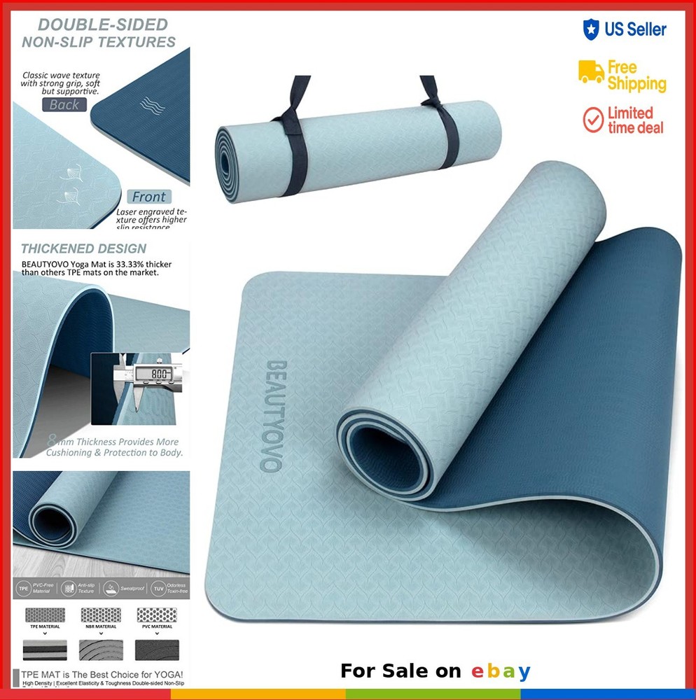 TPE Yoga Mat 1/3 Inch Extra Thick Double Sided Non Slip with Strap for Women