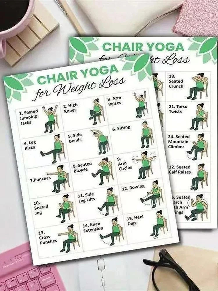 2 Pcs Chair Yoga Chart For Seniors: Simple Exercises For Weight Loss Fitness