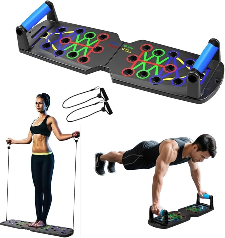 Portable Pushup Board+ Resistance Bands former Equipment, Home Gym kit, Abs.