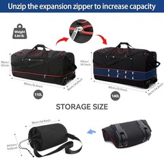110L Expandable to 140L 32” Foldable Oxford Soft-Sided Rolling Duffle Black Red