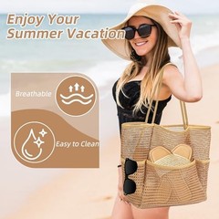 Beach Bags for Women, Mesh Beach Bag Tote, Summer Travel Foldable Pool Khaki