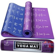 Instructional Yoga Mat with Carrying Strap: Cute Yoga Blue/Purple (68″ x 24″)