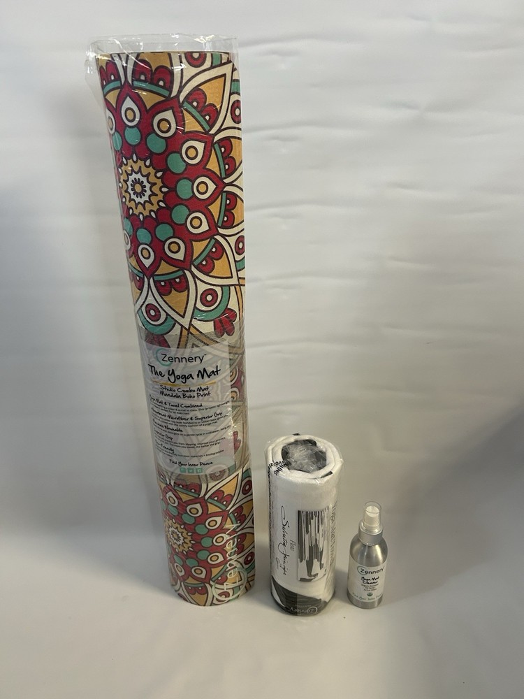 Zennery Exercise / Yoga Mat “Mandala Boho Print” W Towel & Cleaner (70” x 24”)