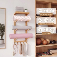 4 Tier Wooden Yoga Mat Holder Wall Mount, Yoga Mat Storage Rack, Home Gym Equ…