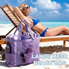 Mesh Beach Bag-Large Beach Tote for Women with Zipper Pocket, pool cruise White