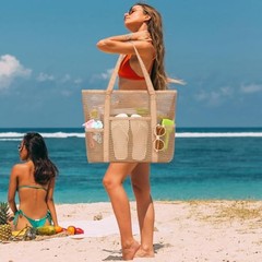 Mesh Beach Bag for Women, Summer Straw Tote Hobo Pool Bags Multi-pocket B, Tan