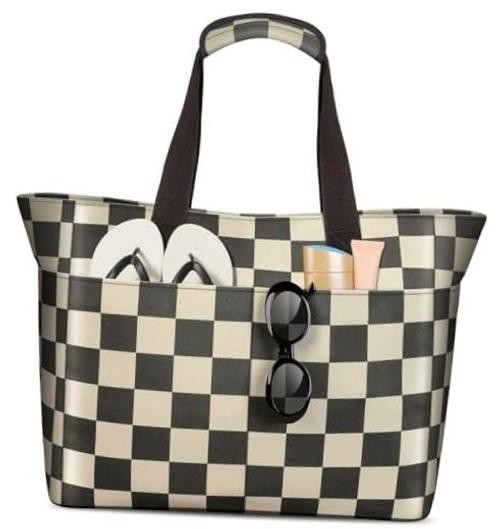 35L Large Beach Bags for Women, Waterproof Sandproof Beach Tote Pool Checkered