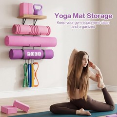 Yoga Mat Holder Wall Mount Yoga Mat Storage Home Gym Accessories with Wood Fl…