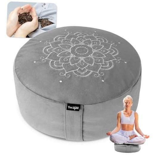Meditation Cushion, Floor Pillow Foam Zafu Buckwheat, Mandala C. Ash Gray