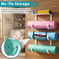 Yoga Mat Holder Wall Mount, No-Tie Pilates Mat Storage Rack with Top Floating Sh
