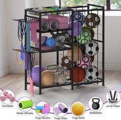 Yoga Mat Holder 4 Tier Home Gym Storage Rack W/ Hooks & Basket Metal Sports