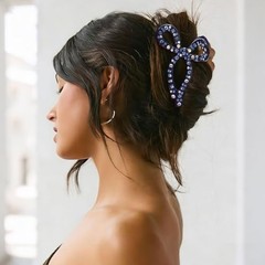 Rhinestone Hair Bow Claw Clip for Women, 4.3″, Butterfly Style, Non Slip, Navy