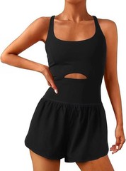 Wenlia Women’s Workout Romper Black Built-In Bra & Shorts- Sz LARGE