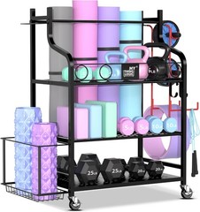 Yoga Mat Storage Racks Home Gym Storage Organizer Rack With Hooks and Wheels